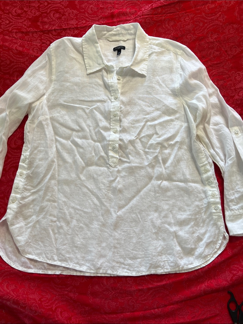 Talbots Petite 100% Linen Tunic Blouse Women's LP White Roll Tab Sleeve Button